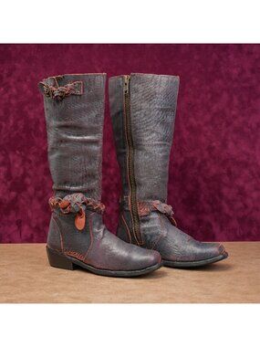 Bed Stu Women Bench Distress Aqua Orange Leather Boho Cottage Zip Boots sz 6